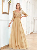 Luxury Floor Length V-Neck Evening Dress 2025 Women Elegant Party Maxi Dress Sequin Short Sleeves Prom Cocktail Gown