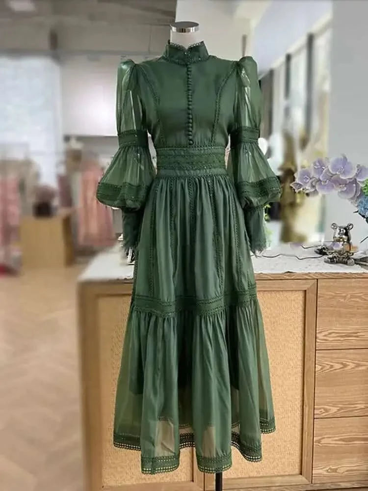 UCXQ Elegant Long Dress Fairy Style Stand Up Collar Lantern Sleeves Splicing Waist Fashion Dresses Women 2025 Spring Autumn 1351 - M & M Global