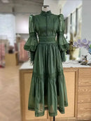 UCXQ Elegant Long Dress Fairy Style Stand Up Collar Lantern Sleeves Splicing Waist Fashion Dresses Women 2025 Spring Autumn 1351 - M & M Global