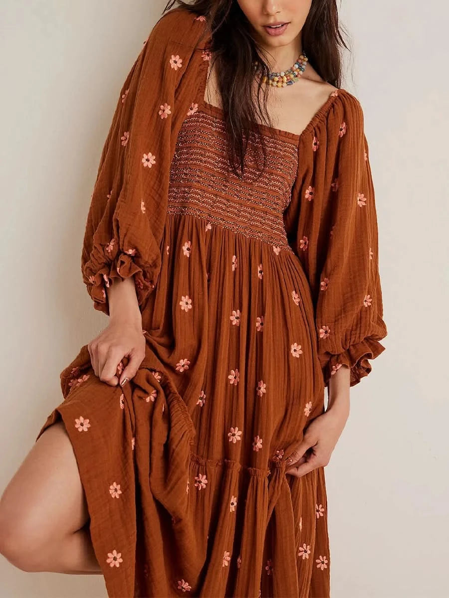 Women's Flower Embroidered Long Dress Bodycon Lantern Sleeve Square Neck Tiered Flowy Dress Bohemian Summer Beachwear Dresses - M & M Global
