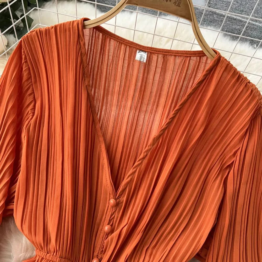 Purple/Brown/Red Chiffon Pleated Long Dress Women Vintage V-Neck Flare Sleeve Draped Ruffle Vestido Female Maxi Robe Spring Fall - M & M Global
