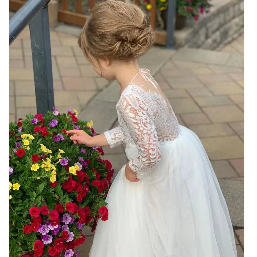 New Summer Elegant Flower Girl White Wedding Lace white girl long dress Sleeve Mesh Girl Princess Dress backless girls aged 8-12 - M & M Global