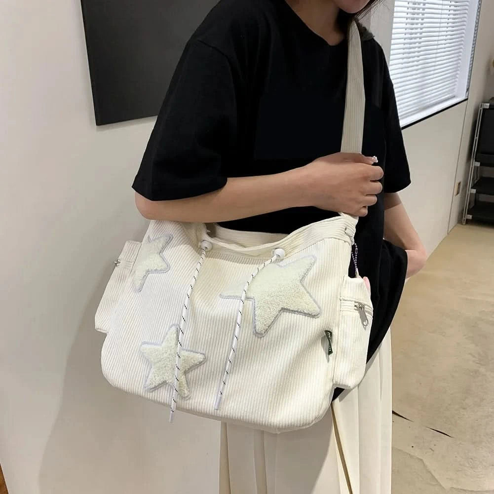 Women Star Pattern Corduroy Crossbody Bag Casual Tote Lady Fashion Large Capacity Shoulder Bag Girl Travel Messenger Bag Handbag - M & M Global