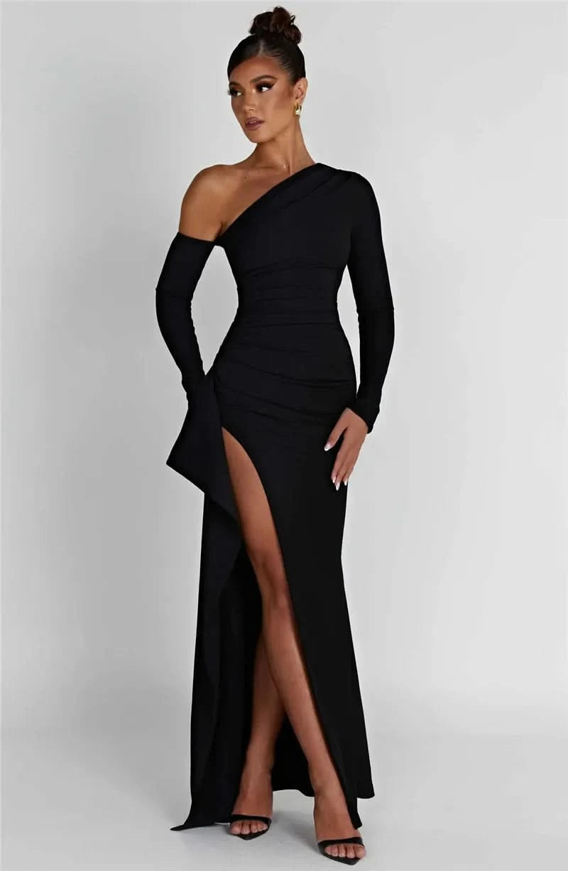 Mozision Oblique Shoulder Thigh High Split Maxi Dress Women Long Sleeve Backless Bodycon Sexy Club Party Long Dress Vestidos - M & M Global