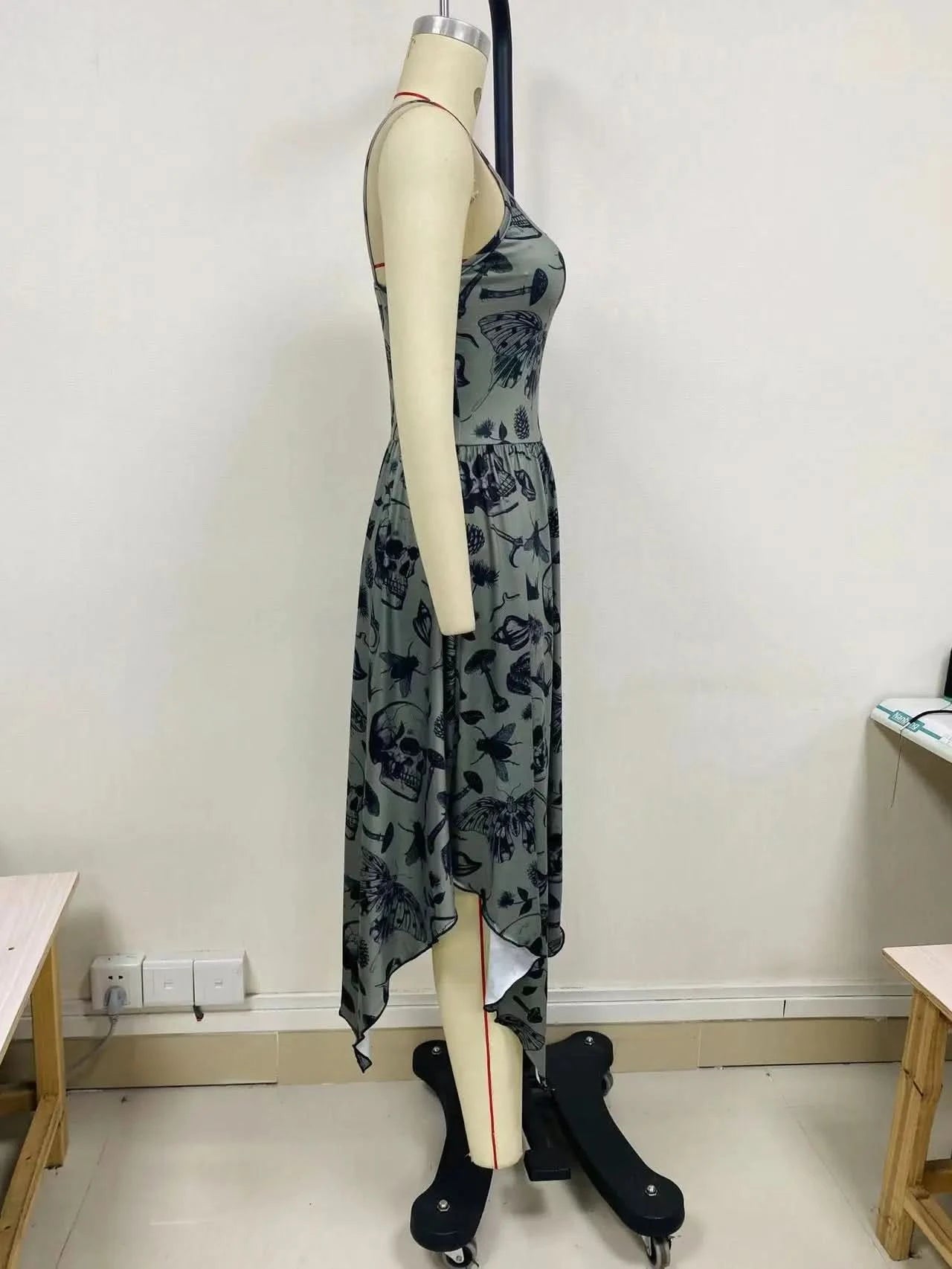 Goth Dark Fairy Grunge Y2k Aesthetic Skull Graphic Dresses Mall Gothic Shirring Lace Up Long Dress Punk A-line Slim Emo Clothing - M & M Global
