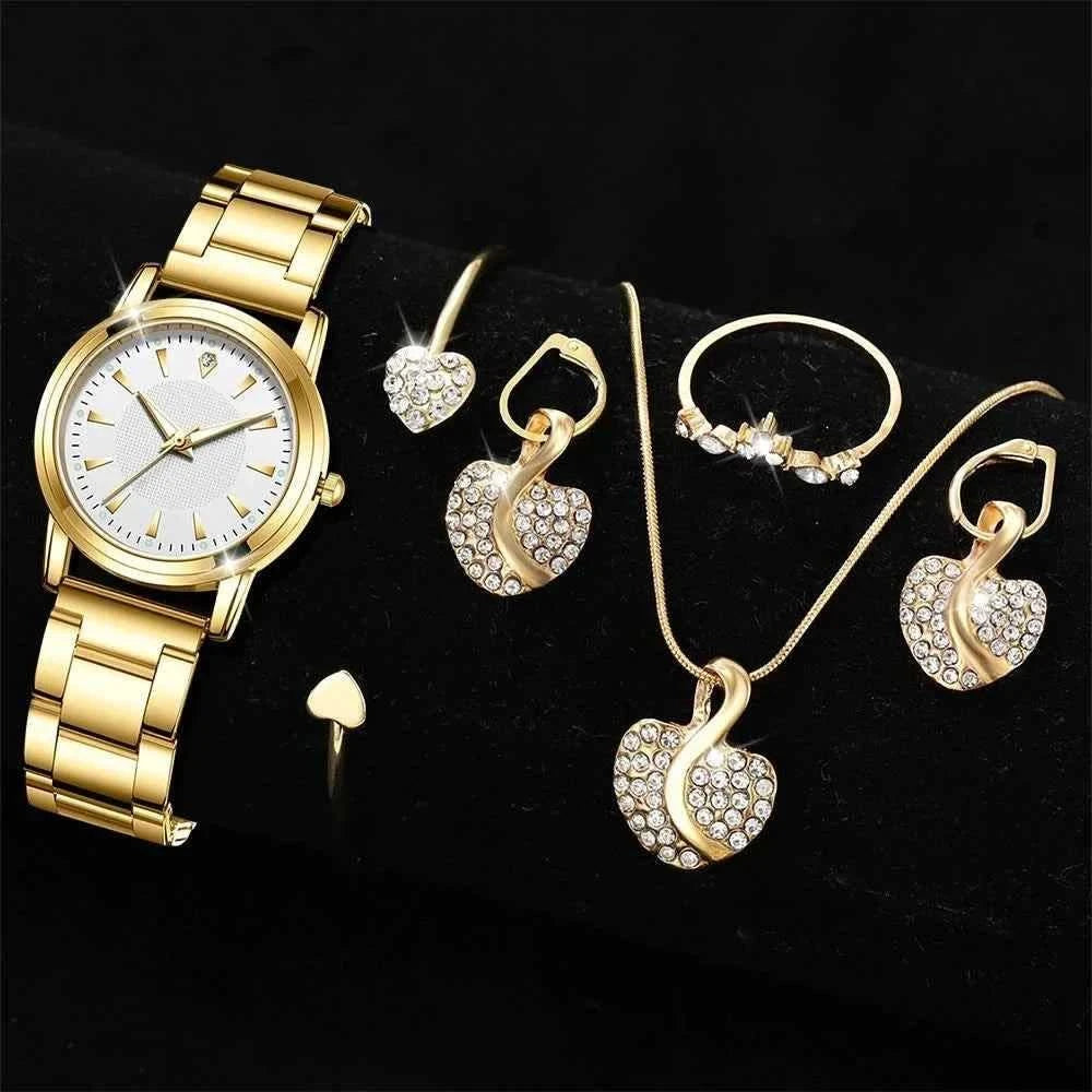 Women's Quartz Watch Gold Luxury Women Ring Necklace Earring Rhinestone Fashion Wristwatch Casual Ladies Watches Jewelry Set ﻿ - M & M Global