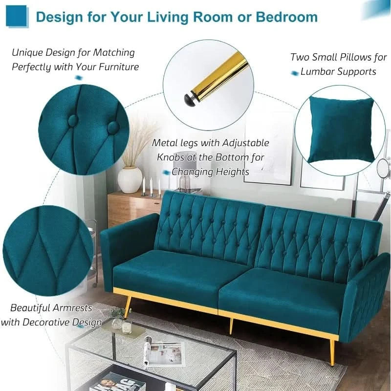 70” Velvet Futon Sofa Bed w/Adjustable Armrests and Backrest, Convertible Futon Couch w/2 Pillows, Modern Sleeper Bed for Living
