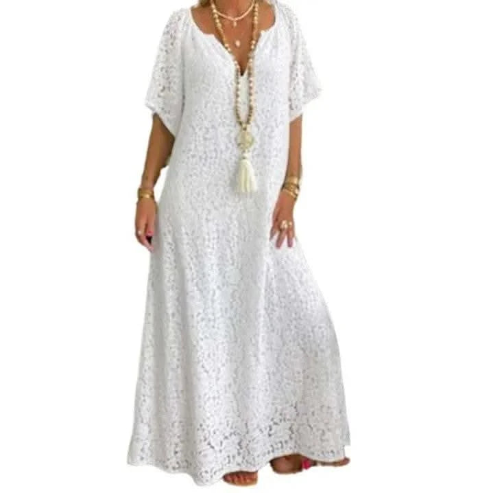 2025 Spring Lace Women Long Dress White V-neck A-line Elegant Dresses Female Summer New Fashion Casual Beach Cloths Ladies - M & M Global