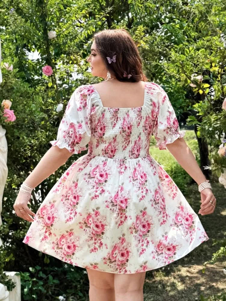 plus Size Spring Summer Vacation Romantic Vintage Print Butterfly Knot Bubble Sleeve Dress - M & M Global