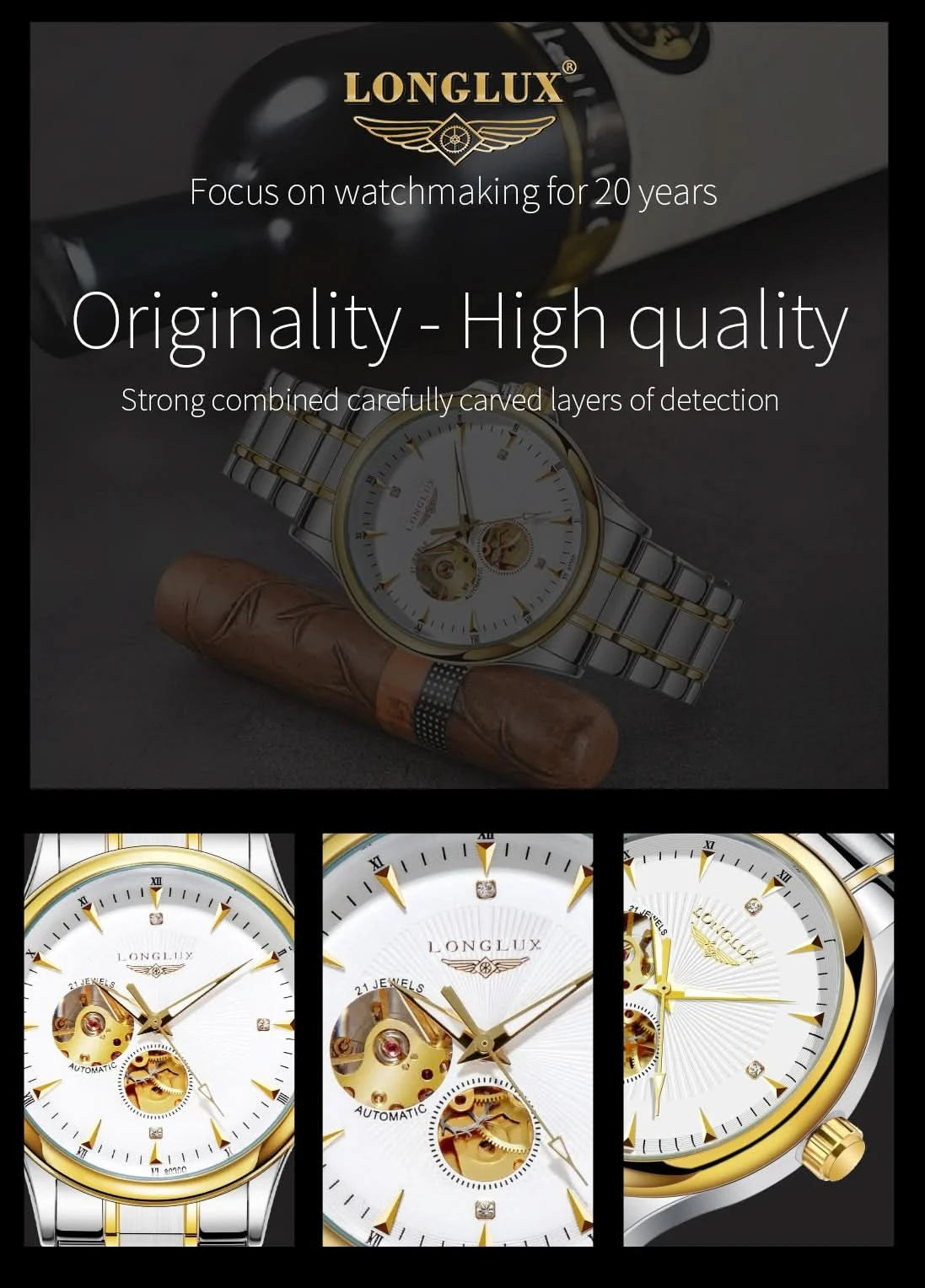 LONGLUX Men automatic mechanical watch elegant luxury watches waterproof skeleton business wholesale stainless steel gift watch - M & M Global