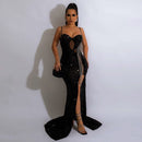 CM.YAYA Women Sequined Tassel Front Spaghetti Strap Sleeveless High Side Slit Maxi Long Dress 2023 Evening Sexy Party Dresses - M & M Global