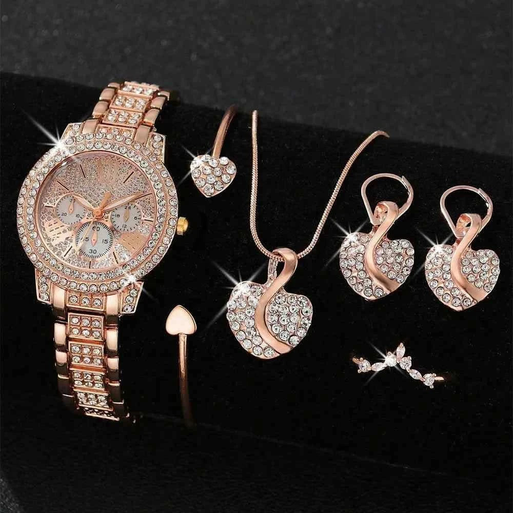 Women's Quartz Watch Gold Luxury Women Ring Necklace Earring Rhinestone Fashion Wristwatch Casual Ladies Watches Jewelry Set ﻿ - M & M Global