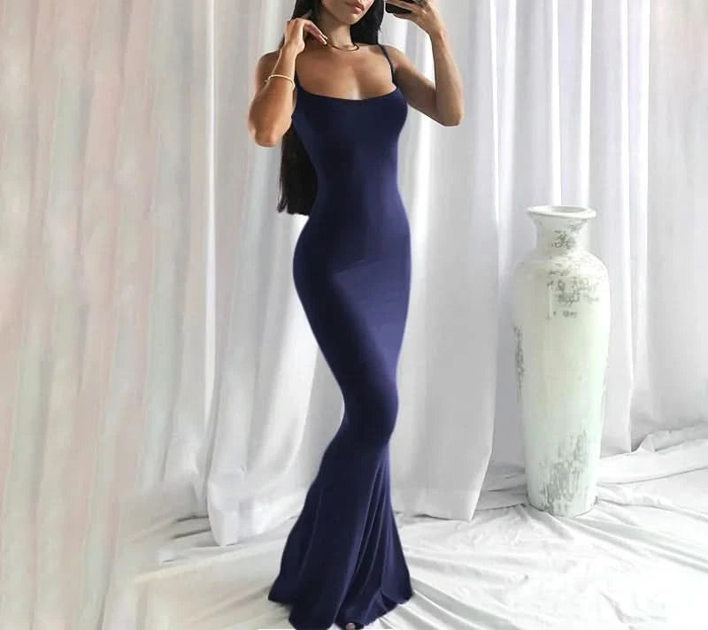 Slim Black Knitted LONG Dress Summer Solid Women Dress Ultimate Waist To Hip Ratio Sling Dress blue sexy pink casual outfit - M & M Global