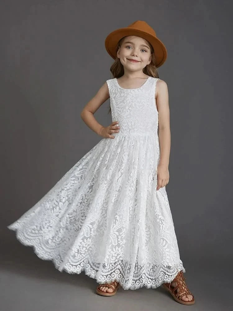 Plus Size Princess Girls Cotton Lace Party Long Dress Baby Kids Flower Girl Wedding Birthday Children Clothing 2 4  6 8 10 12 14 - M & M Global