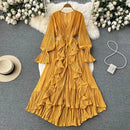 Purple/Brown/Red Chiffon Pleated Long Dress Women Vintage V-Neck Flare Sleeve Draped Ruffle Vestido Female Maxi Robe Spring Fall - M & M Global