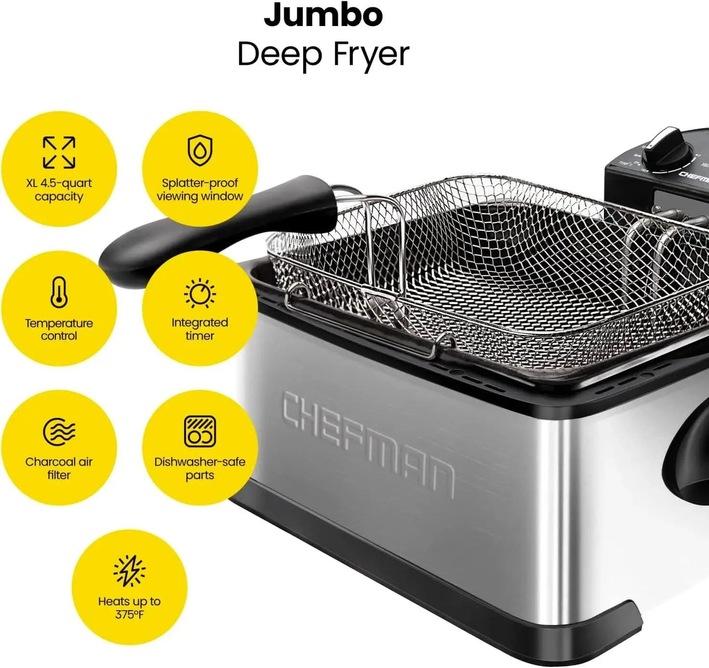 4.5 Liter Deep Fryer w/Basket Strainer, XL Jumbo Size, Adjustable Temperature & Timer, Perfect for Fried Chicken, Shrimp, French - M & M Global