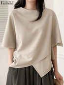 ZANZEA Women Asymmetrical T Shirt Fashion Summer Half Sleeve Tees 2024 Korean O-Neck Plain Tunics Casual Loose Solid Simple Tops
