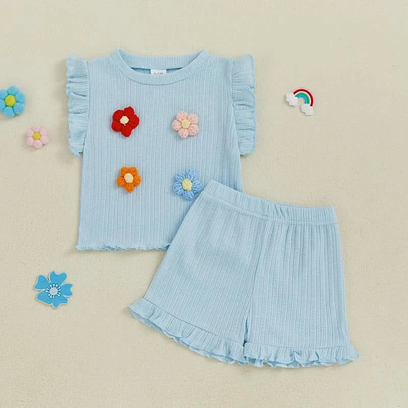 Girls Sleeveless Floral Tank Top and Shorts Set Summer 2-Piece Outfit with Crew Neck Cute Toddler Girls Clothing - M & M Global
