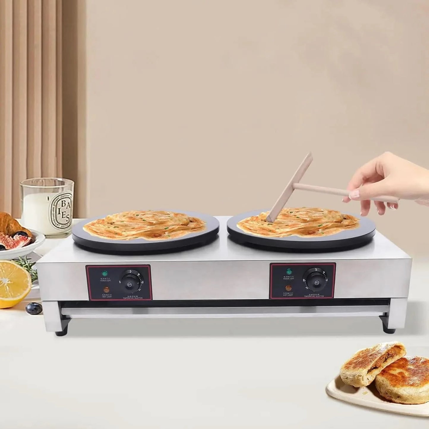 Electric Pancake Maker, 3.4kw Stainless Steel Double Hotplate Pancake Maker 16" Pancake Maker Machine for Homes, Kitchens, Conve - M & M Global