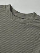 Women's Ribbed Knit Two-Piece Tracksuit - Short Sleeve Crop Top & High-Waisted Wide Leg Pants (Crewneck/Elastic Waist)