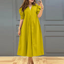 ZANZEA Fashion V-neck Pleated Dresses Women Solid Puff Short Sleeve Midi Dress 2024 Summer Elegant Street Loose Dress Oversized