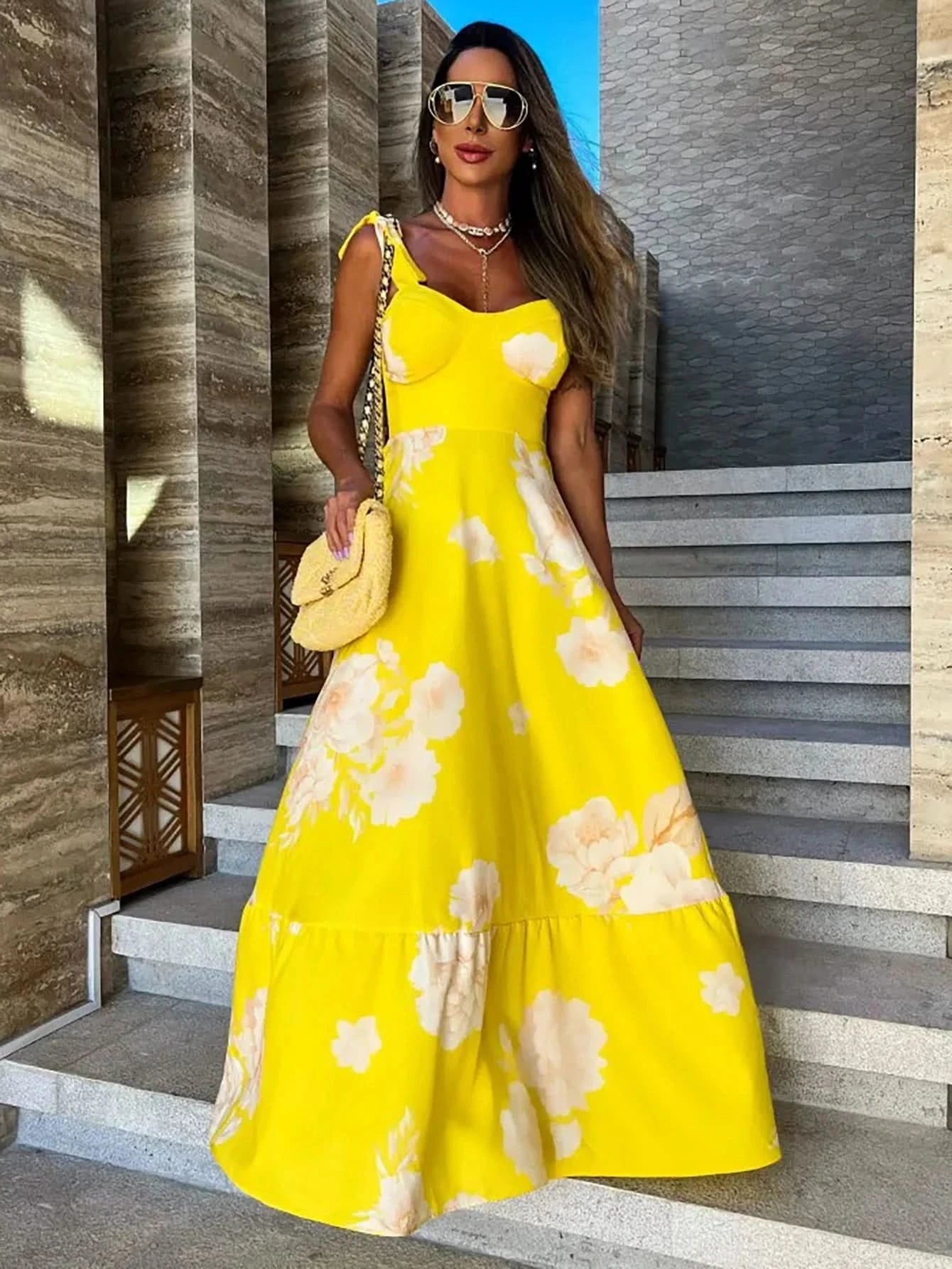 Summer Print Long Dress Women Clothing Lace Up Sling Party Dresses Pattern Strappy Ladies Hollow Out V-Neck Beach Vestidos - M & M Global