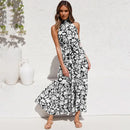 Summer Floral Print Halter Neck Dresses For Women Sleeveless Leace-up Long Dress Casual Beach Holiday Vestidos Female Clothing - M & M Global