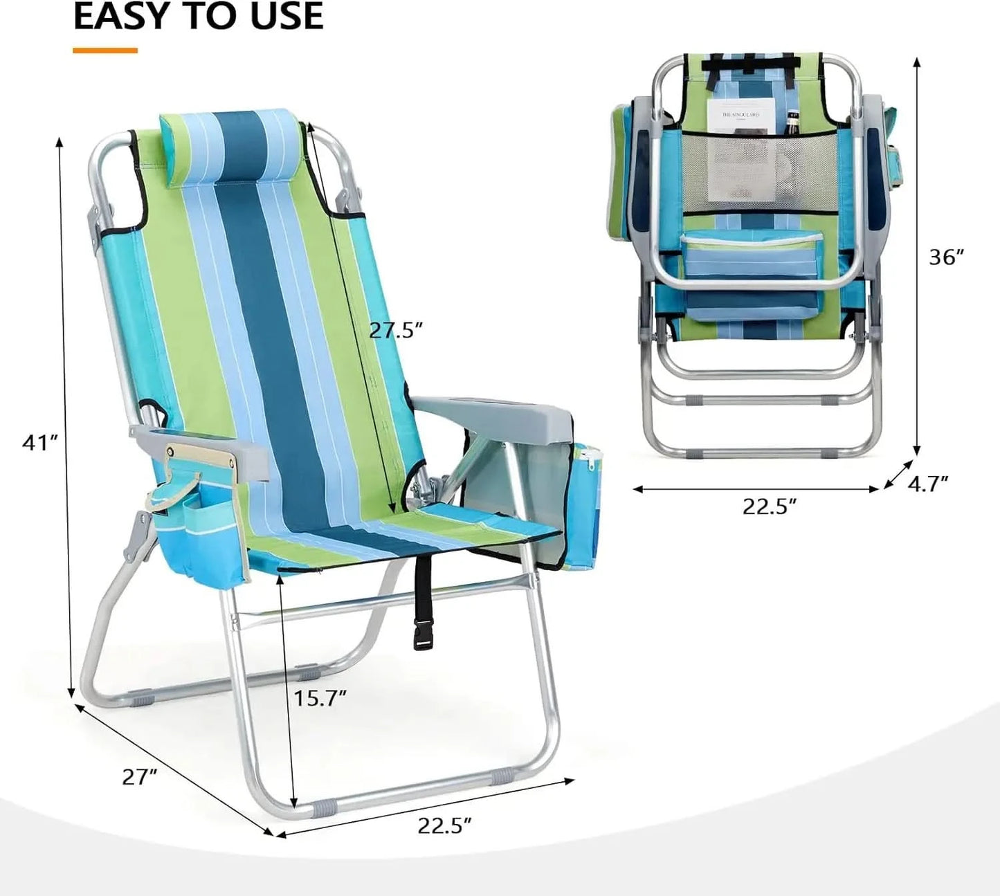 VINGLI Tall Beach Chair 2 Pack, with 5-Position, Cooler Bag, Cup Holders, Towel Bar, Lightweight Folding Beach Camping Chairs