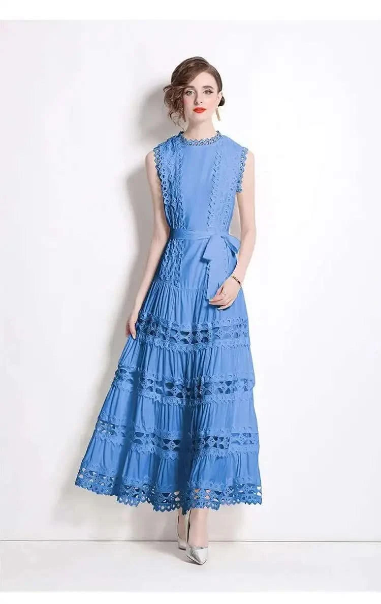 JAMERARY Designer New Summer Holiday White Embroidery Cotton Long Dress Women Sleeveless Midi Prom Evening Dresses Party Robe - M & M Global