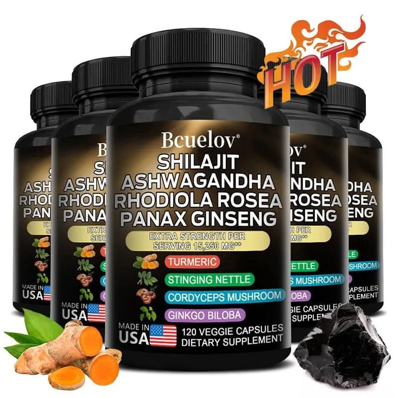 Shilajit Resin Himalaya Capsules - 15250 mg - Combination of Ashwagandha, Ginseng, Cordyceps, Ginkgo, Turmeric - M & M Global