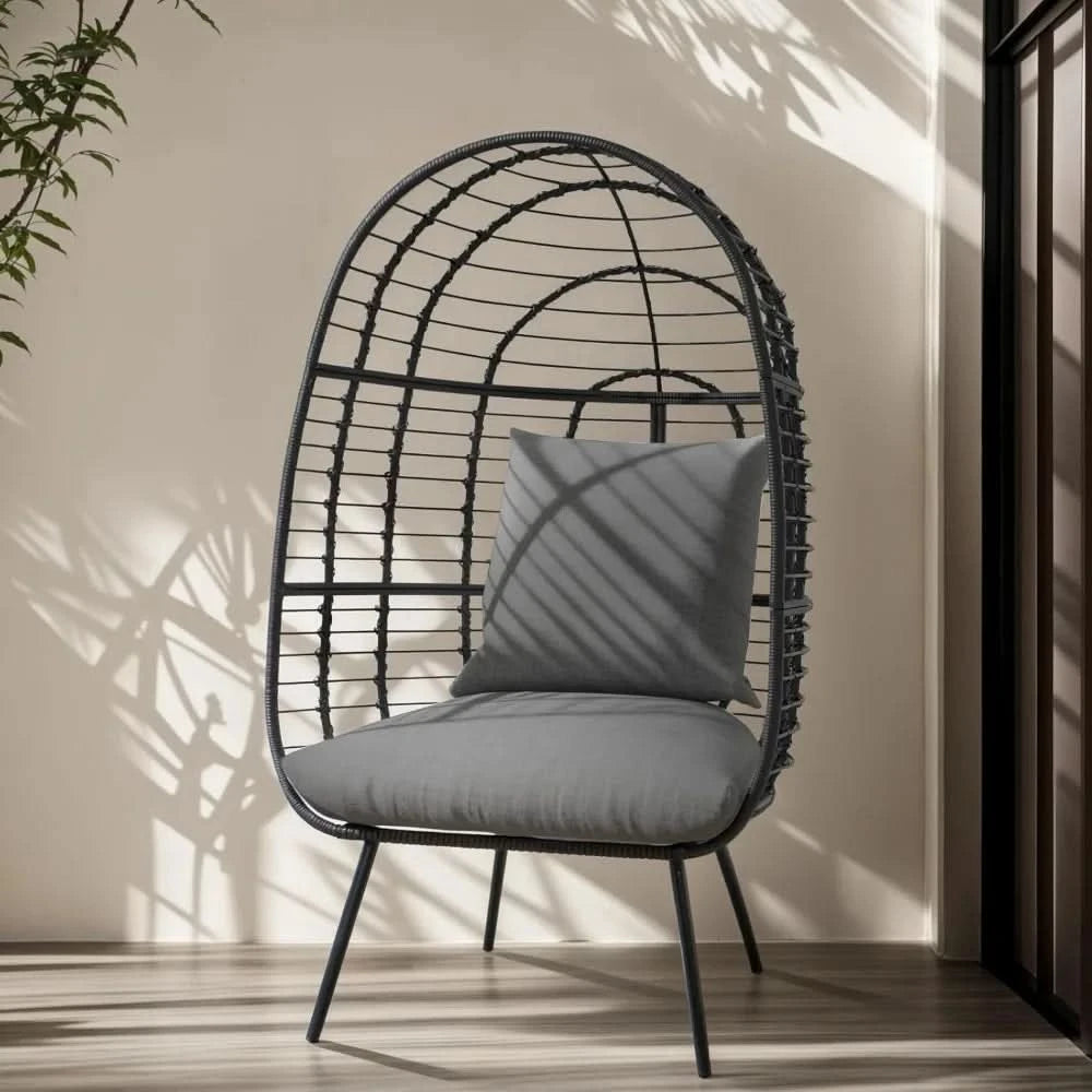 Wicker Egg Chair, Oversized Indoor Outdoor Lounger Large Egg Basket Chair with Stand and Cushions for Patio Porch, Backyar