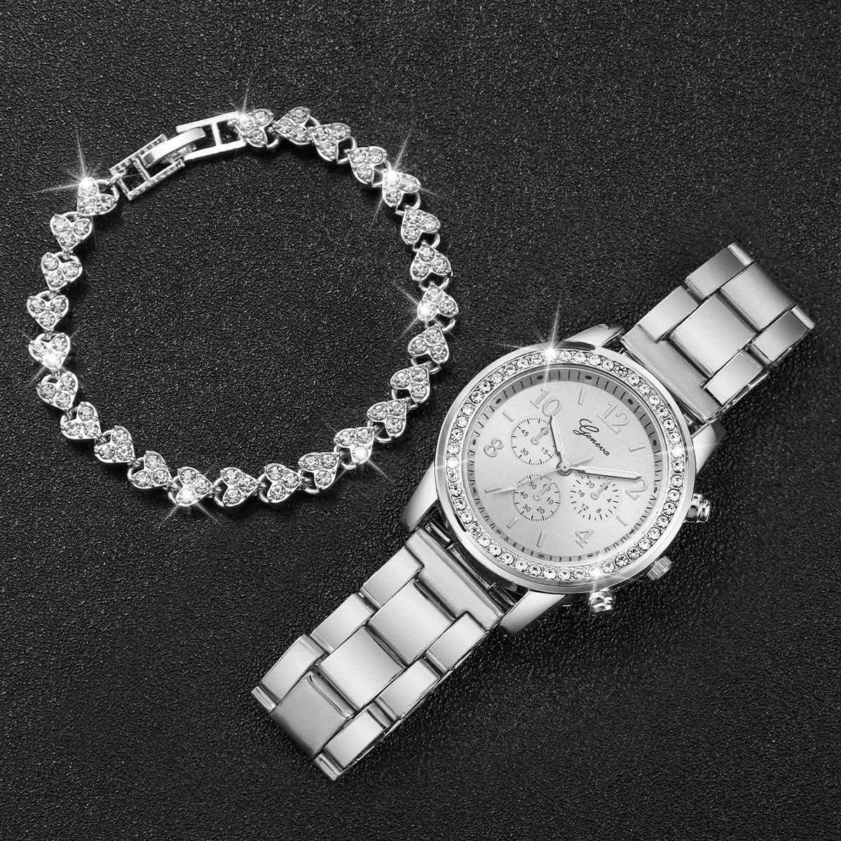 2PCS Women's Watch Fashion Rhinestone Ladies Analog Quartz Watches Bracelet Set Reloj Mujer Girls Clock Gift - M & M Global