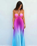 Women Chic Gradient Print Halter Neck Pleated Beach Long Dress Fashionable Long Dress Sexy Hollow Out Vacation Maxi Dress Outfit - M & M Global