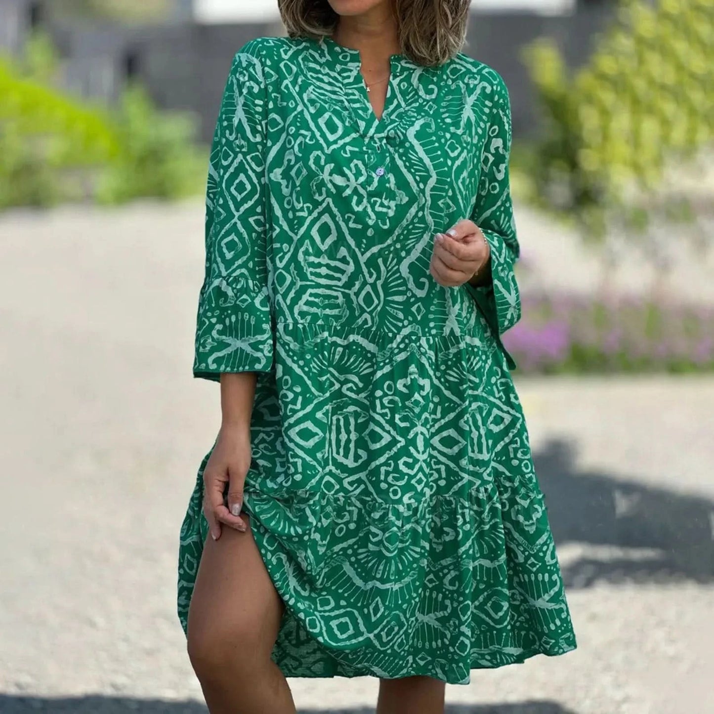 Women Floral Print Maxi Dress Fashion Casual V Neck Long Dress Plus Size Summer Boho Dress Ruffle Three Quarter Sleeves Dresses - M & M Global