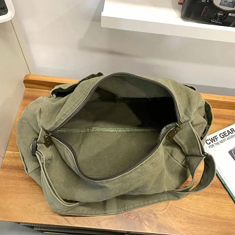 Vintage Style Canvas Messenger Bag Casual Travel Crossbody Bag Retro Large Capacity Shoulder Bag Multi Pocket Shoulder Bag - M & M Global