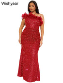 New Luxury Sequined Feather One Shoulder Sleeveless Slanted Collar Backless Purple Long Dress  Women Birthday Party Event Gowns - M & M Global