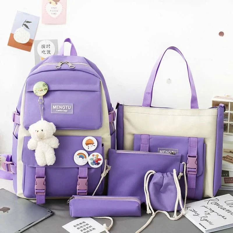 5PCS Kit Backpack Female Fashion Lady High Capacity Waterproof College Trendy Girls Laptop School Bags Cute Girl Travel Book Bag - M & M Global