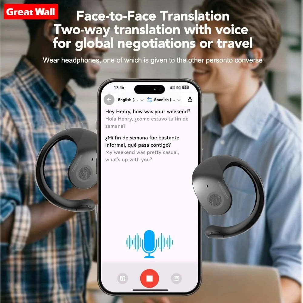 GreatWall AI Real-Time Translation Wireless Bluetooth Earphones Supporting Over 100 Voice Languages Translation Headphones - M & M Global