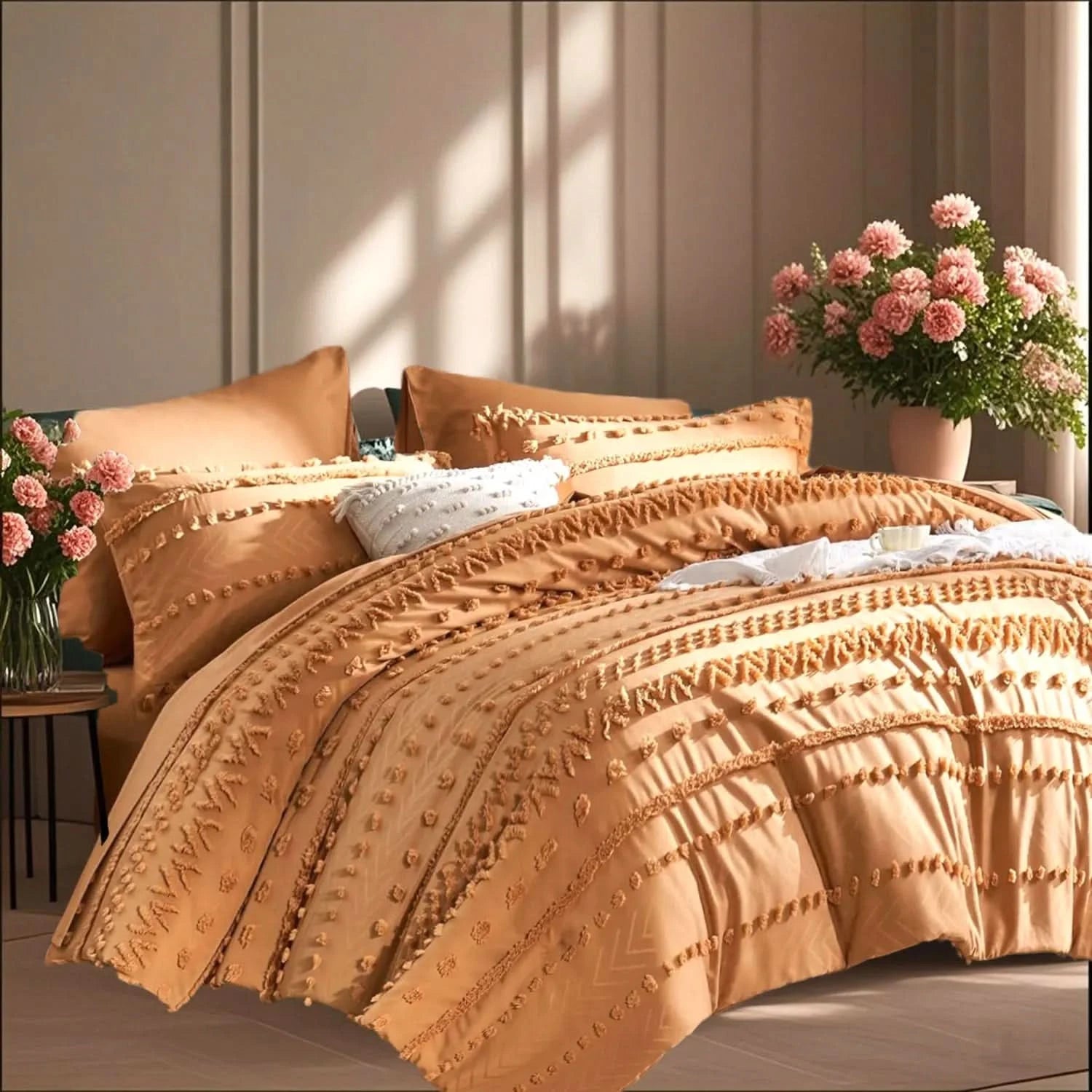 Bed with orange bedding and pillows, accompanied by a vase of flowers on a nightstand.
Queen size bedding set

Tufted comforter set

Microfiber bed set

Luxury bedding gift

All-season quilt set

Soft and cozy bed set

Hypoallergenic bedding

Easy care bedding

Full queen bed ensemble