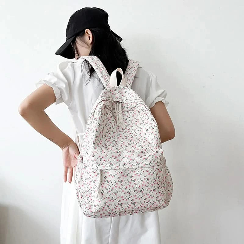 Student School Backpack Floral White School Bags For Teenage Girls Cute Women's Backpack Book Bag Nylon Rucksack - M & M Global