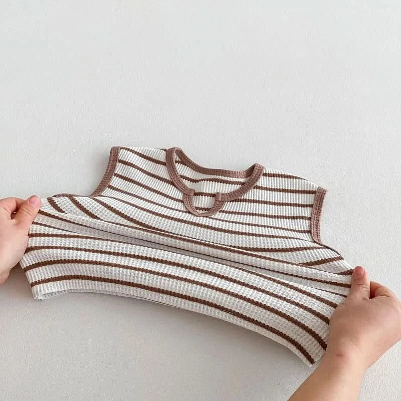 Summer baby clothes 0-5T solid color boys striped sleeveless T-shirt shorts set breathable girls vest short sleeved shorts set - M & M Global