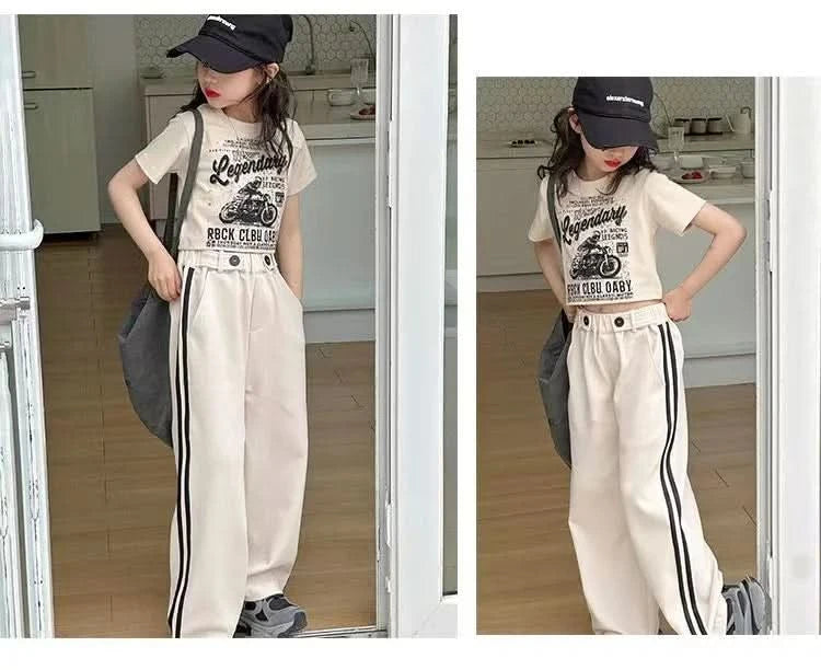 Girls' summer casual suit, new children's fashionable T-shirt, casual pants, summer dress, foreign short-sleeved two-piece set, - M & M Global