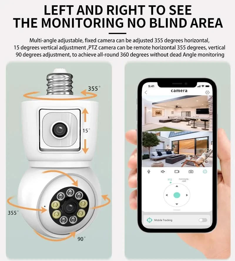 ICSEE 4K 8MP E27 Bulb WiFi Camera Dual Lens Dual Screen Auto Tracking Two Way Audio Color Night Vision Outdoor Security Camera - M & M Global