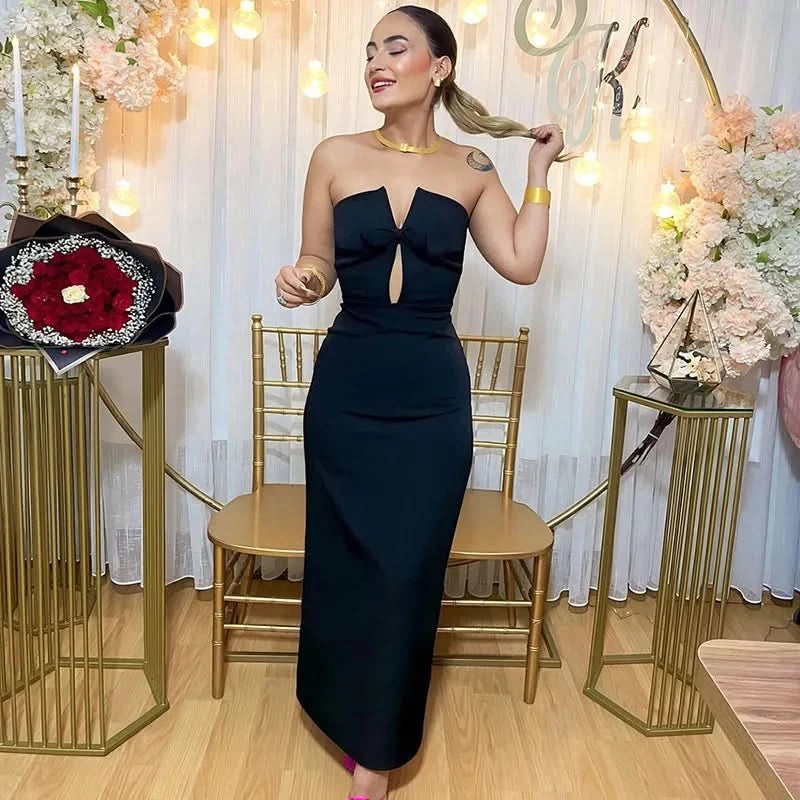 Tossy Tee Bow Off-Shoulder Slim Long Dress For Women Patchwork Fashion Elegant Hollow Out Backless Clothes Female Party Dress - M & M Global