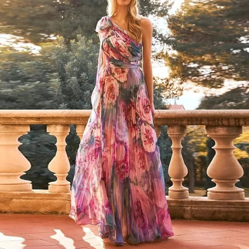 Sexy Summer Party Dress Women Fashion Bow Straps High Waist Pleated Beach Dress Chiffon Casual Floral Print Bohemian Long Dress - M & M Global