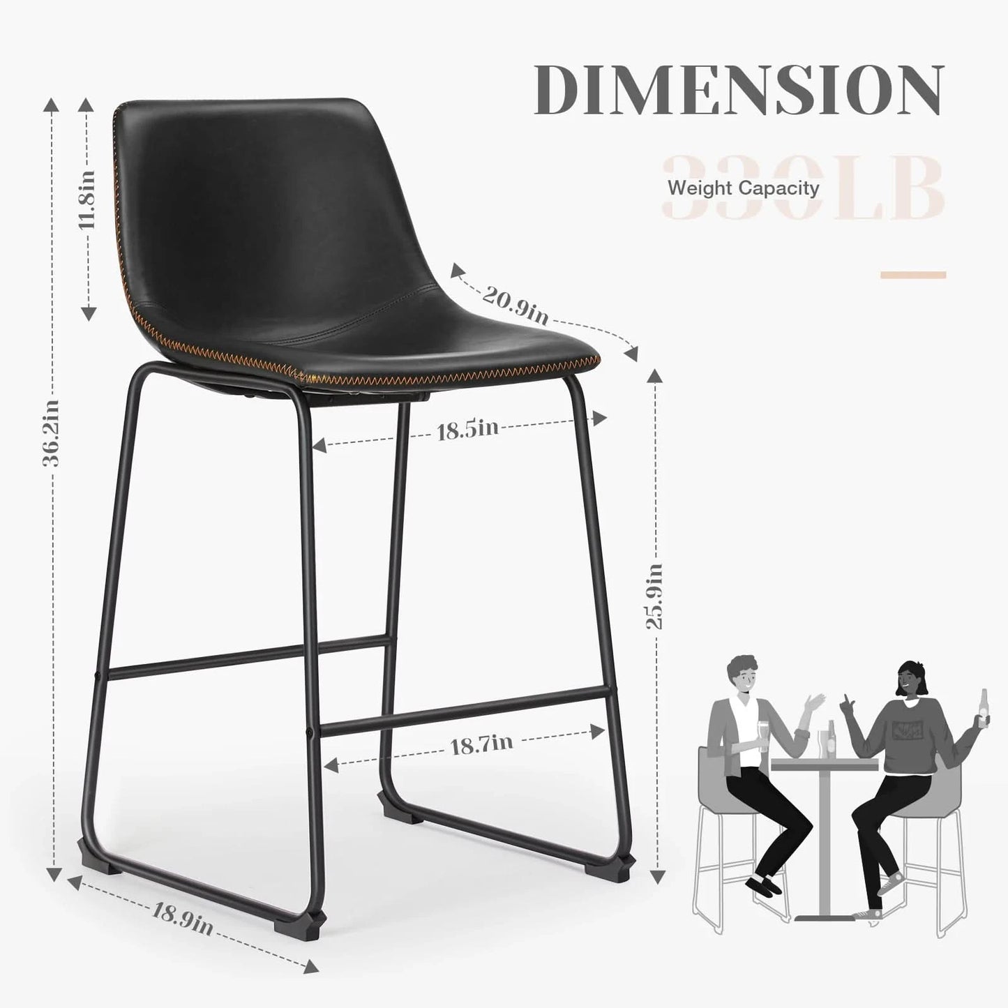JHK Pu Leather Bar Stools Set of 2 Counter Height High Kitchen Dining Chairs Comfortable Sponge Cushion Island Modern Stool