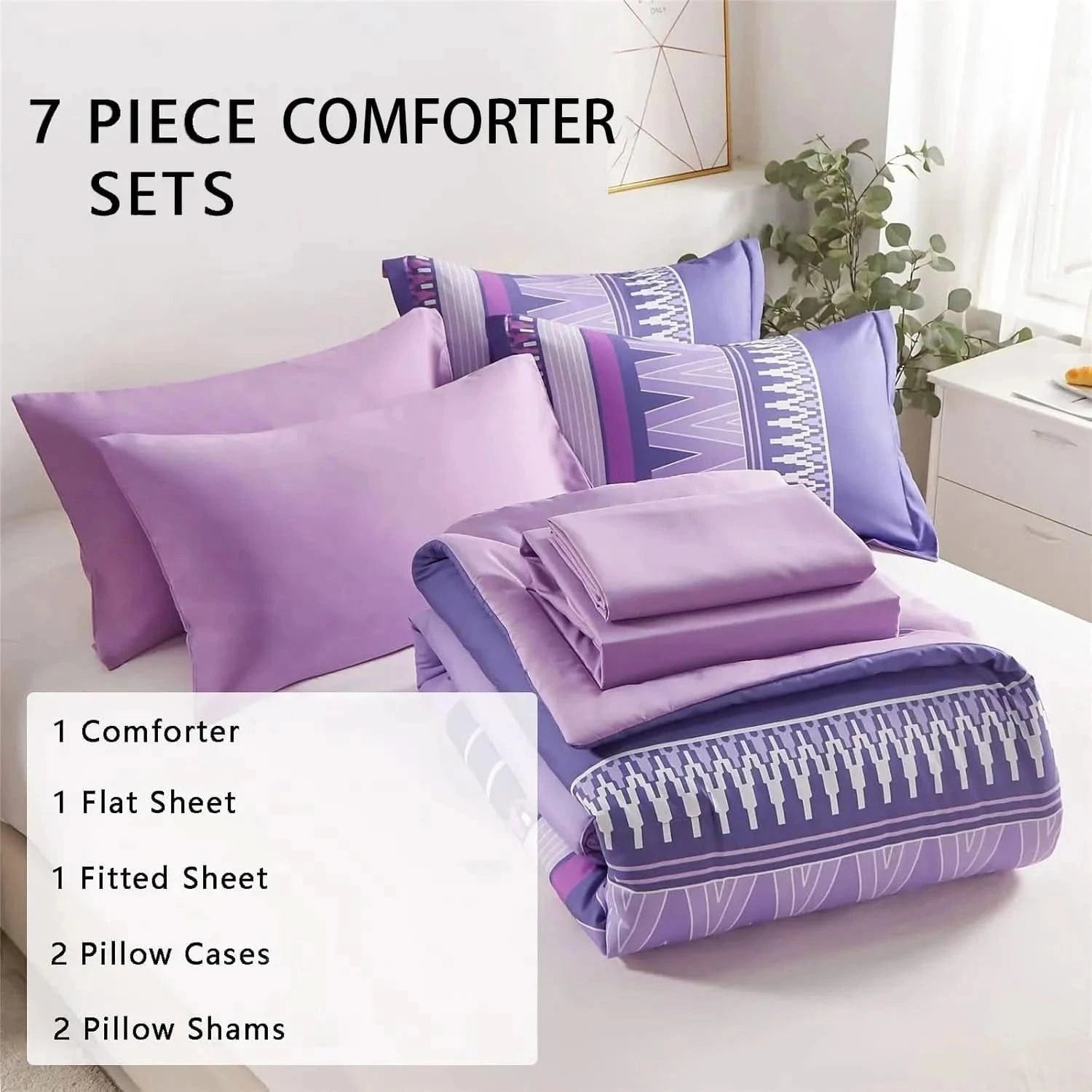 Purple comforter set with matching pillows and bedding on a bed in a bedroom setting.
7-piece microfiber bedding set

All-season bed comforter

Soft brushed microfiber bedding

Luxury quilt set for queen bed

Fade-resistant bedding set

Machine washable comforter set

Elegant bedroom decor

Gift bedding set for women

Hypoallergenic bedding