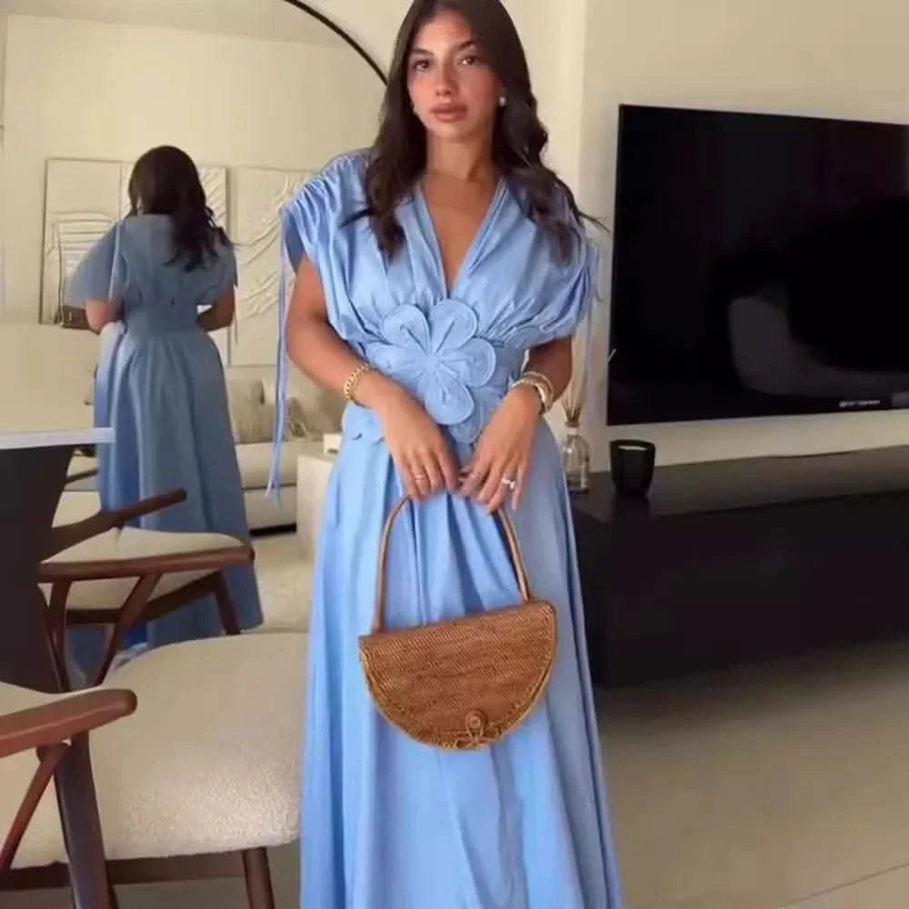 Blue V-Neck Waist-Fitted Bow-Decored Long Dress For Women Fashionable And Elegant European And American Style - M & M Global