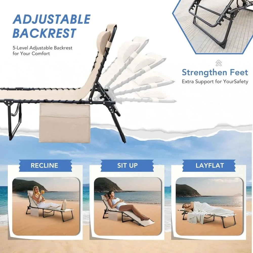 Foldable Chaise Lounge Chair 5-Position Adjustable, Tanning Chair with Side Pocket, Outdoor Sunbathing for Pool, Beach, Patio,