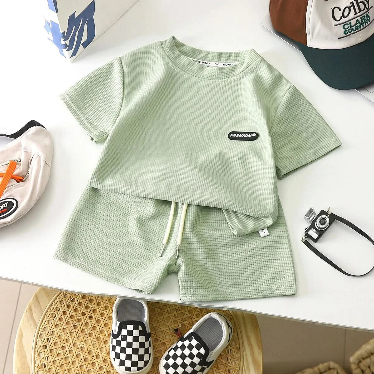 New Summer Children's Casual Set for Boys Girls Loose Short Sleeved Waffle Breathable and Comfortable Set - M & M Global